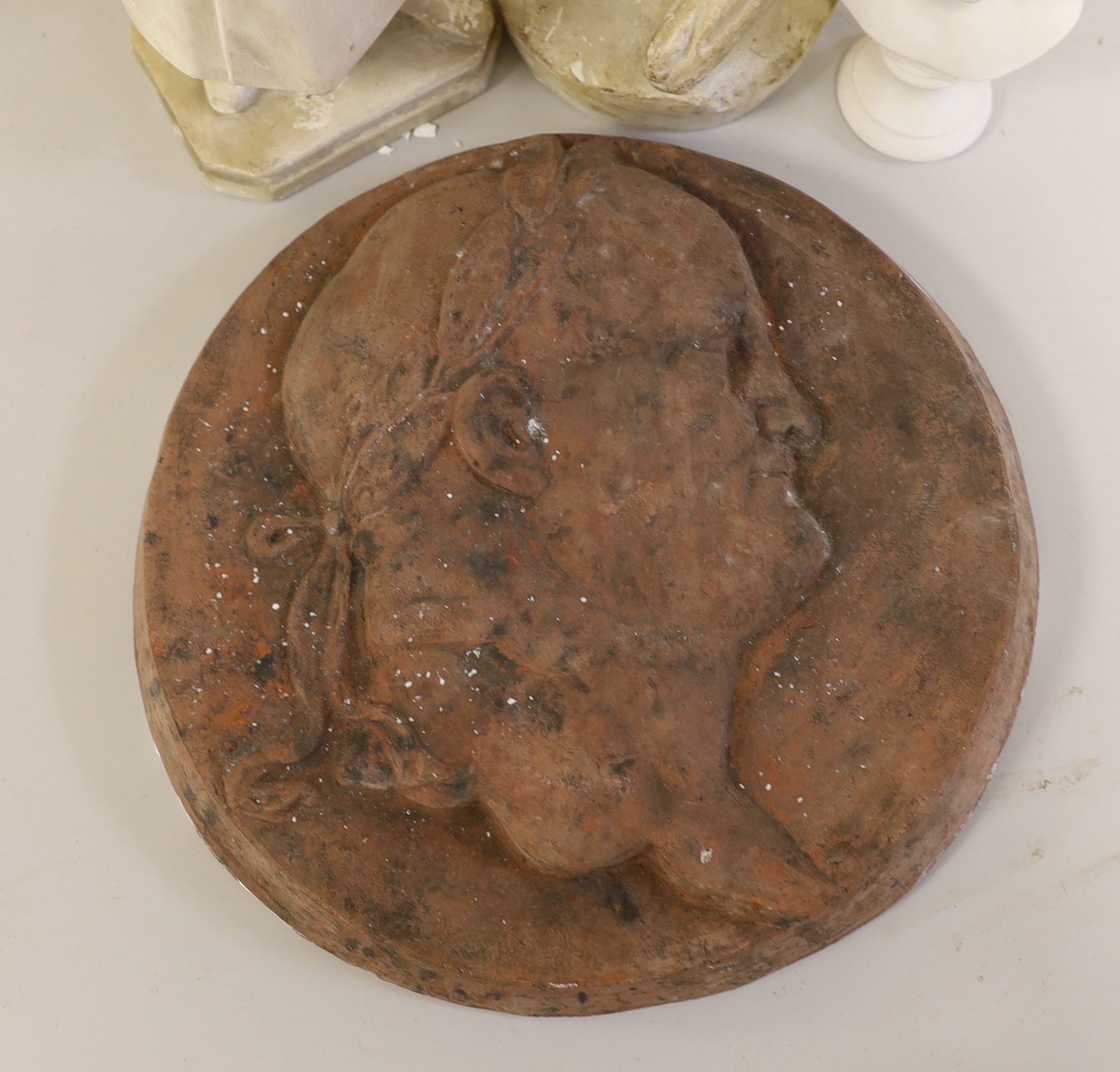 A plaster echore model, 20cm high, and three other items to include a bust of a lady